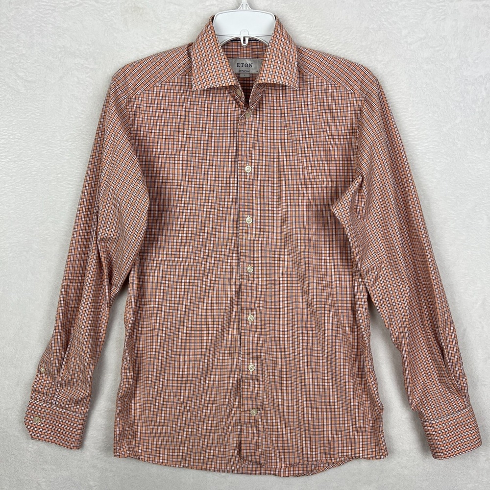 Eton Orange Dress Shirt Men 15 38 Button Up Plaid Check Long Sleeve Contemporary